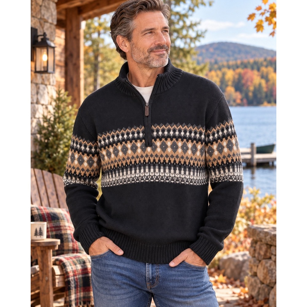 IZOD Men's XLT Black Fair Isle Quarter Zip Sweater Tall Cotton Blend
